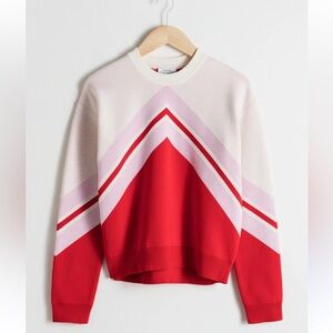 & Other Stories Varsity Knit Sweater Red Pink White Chevron Crewneck Large
